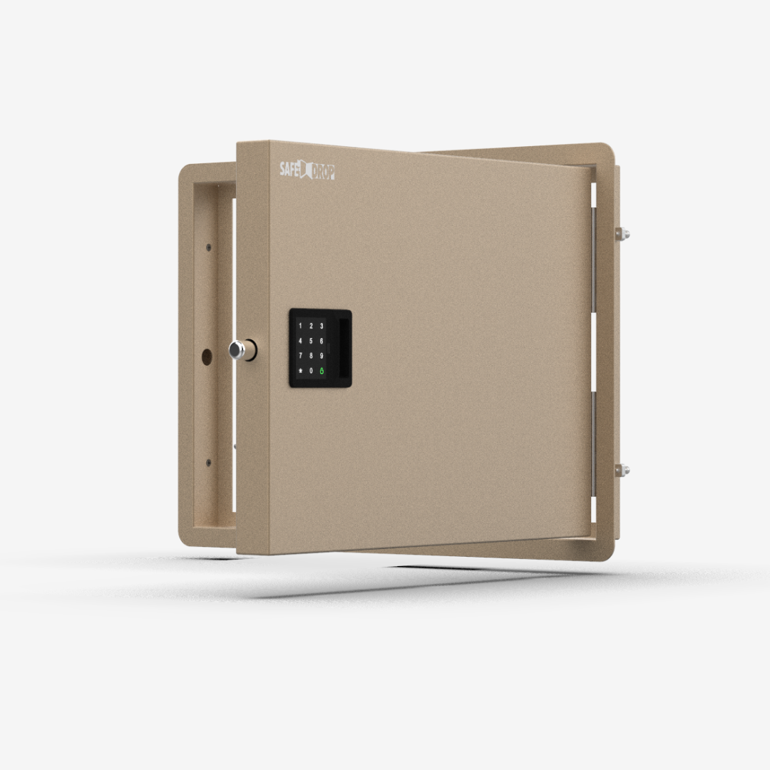 SafeDrop delivery door in beige with door ajar