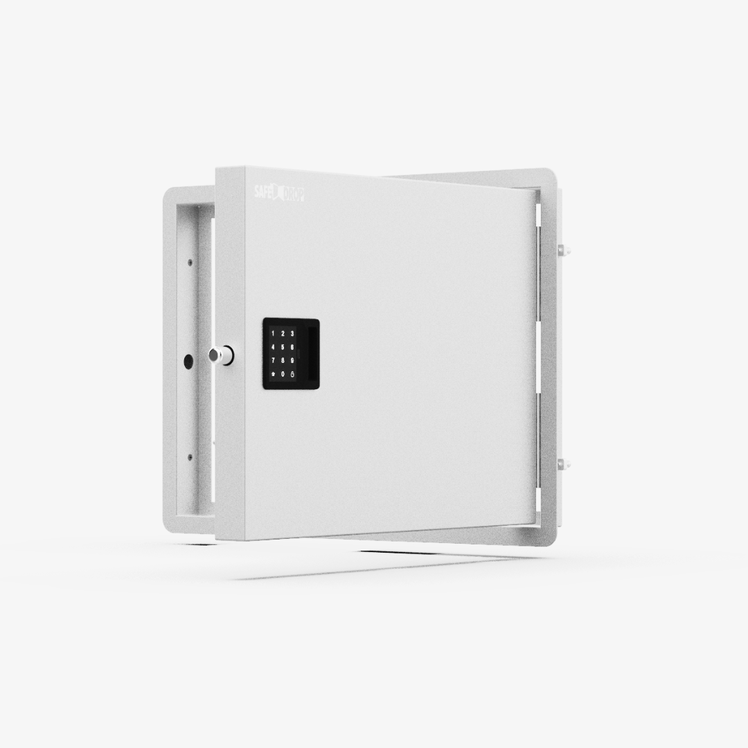 SafeDrop delivery door in white with the door ajar